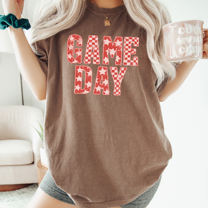 Game Day Graphic Tee, Checkered And Stars Shirt, Sports Comfort Colors Tee