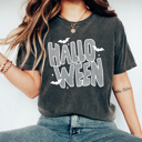  Halloween Striped Graphic Tee, Spooky Bats Shirt, Halloween Comfort Colors Tee