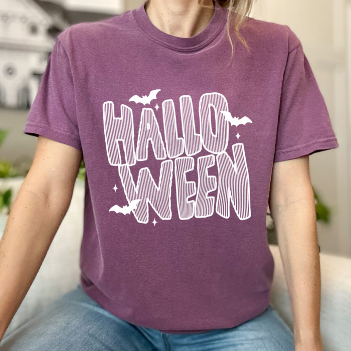 Halloween Striped Graphic Tee, Spooky Bats Shirt, Halloween Comfort Colors Tee