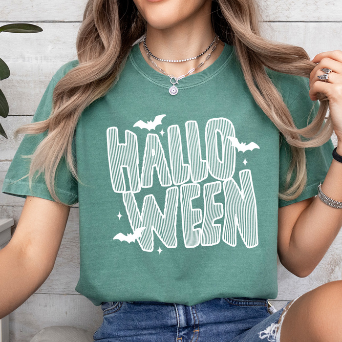 Halloween Striped Graphic Tee, Spooky Bats Shirt, Halloween Comfort Colors Tee