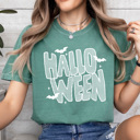 XL Light Green Halloween Striped Graphic Tee, Spooky Bats Shirt, Halloween Comfort Colors Tee