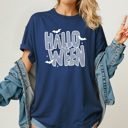 Medium Navy Halloween Striped Graphic Tee, Spooky Bats Shirt, Halloween Comfort Colors Tee