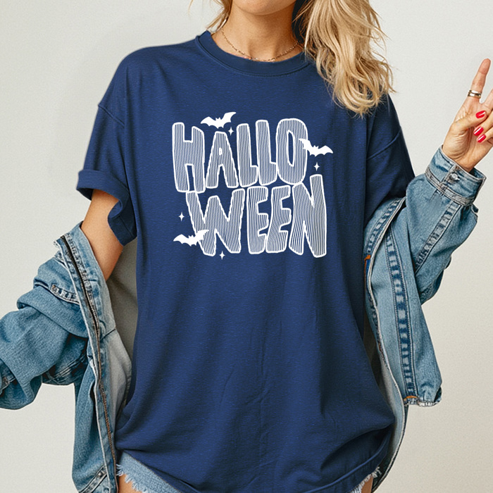 Halloween Striped Graphic Tee, Spooky Bats Shirt, Halloween Comfort Colors Tee