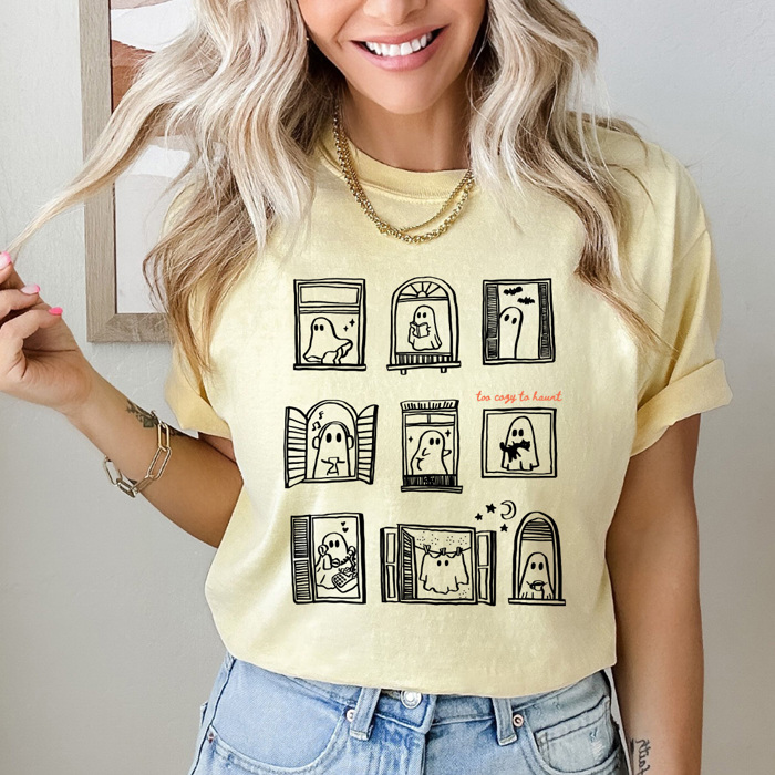 Ghost Windows Graphic Tee, Too Cozy To Haunt Shirt, Halloween Cozy Comfort Colors Tee 