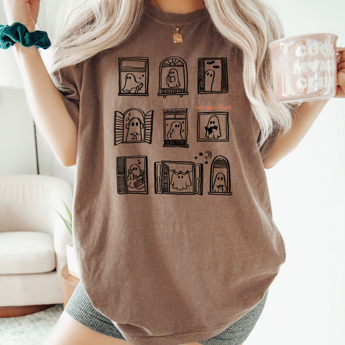 Ghost Windows Graphic Tee, Too Cozy To Haunt Shirt, Halloween Cozy Comfort Colors Tee 