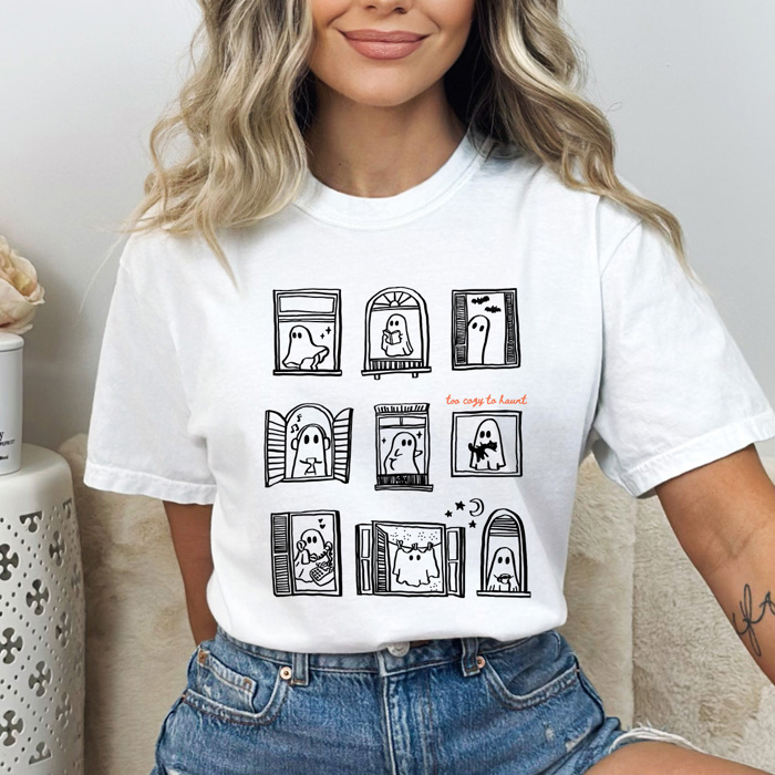 Ghost Windows Graphic Tee, Too Cozy To Haunt Shirt, Halloween Cozy Comfort Colors Tee 