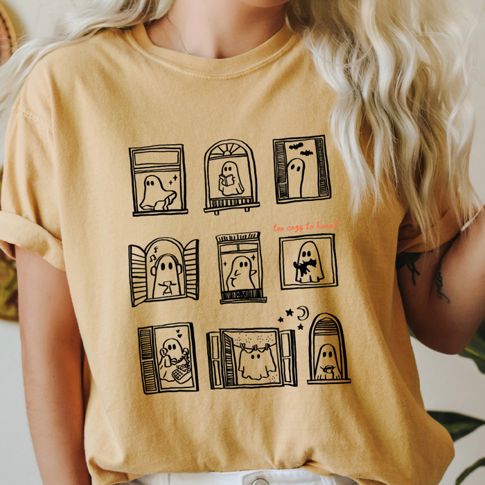 Ghost Windows Graphic Tee, Too Cozy To Haunt Shirt, Halloween Cozy Comfort Colors Tee 