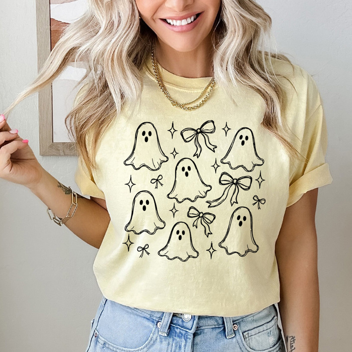 Coquette Ghosts And Bows Graphic Tee, Cute Girly Halloween Shirt, Doodle Ghost Comfort Colors Tee   