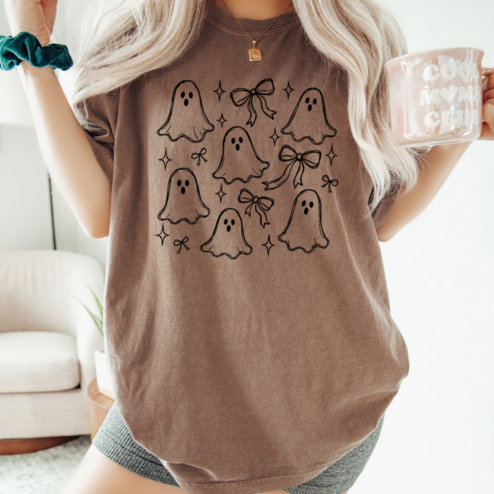 Coquette Ghosts And Bows Graphic Tee, Cute Girly Halloween Shirt, Doodle Ghost Comfort Colors Tee   