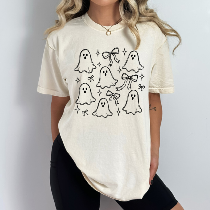 Coquette Ghosts And Bows Graphic Tee, Cute Girly Halloween Shirt, Doodle Ghost Comfort Colors Tee   