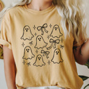 Medium Mustard Coquette Ghosts And Bows Graphic Tee, Cute Girly Halloween Shirt, Doodle Ghost Comfort Colors Tee   