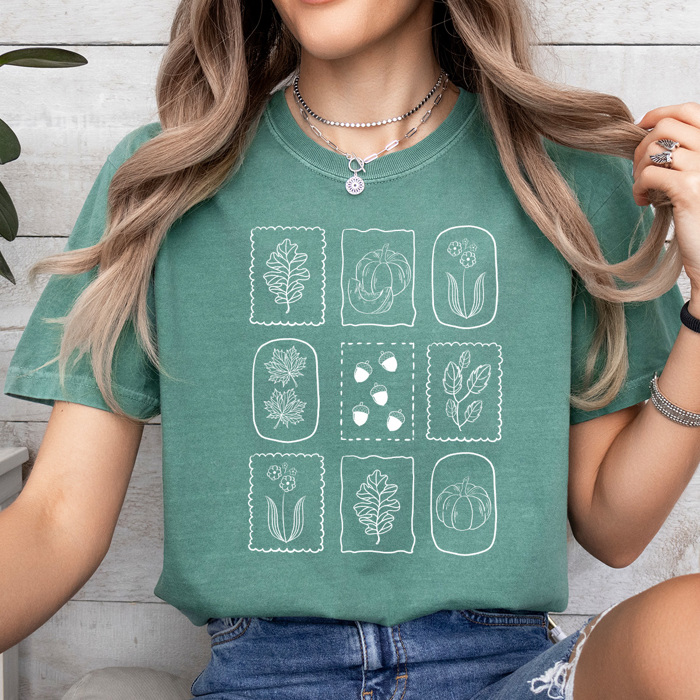 Autumn Nature Stamps Graphic Tee, Fall Leaves Shirt, Fall Foliage Comfort Colors Tee 