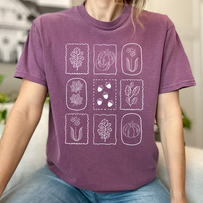 Autumn Nature Stamps Graphic Tee, Fall Leaves Shirt, Fall Foliage Comfort Colors Tee 