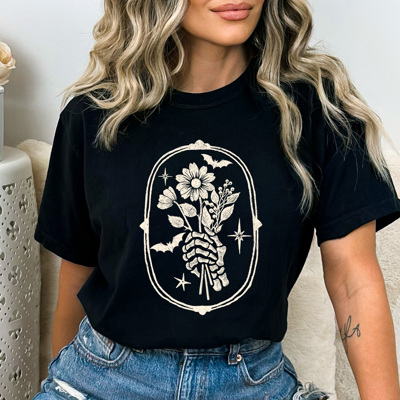Vintage Skeleton Flower Boquete Graphic Tee, Halloween Stamp Shirt, Spooky Vintage Comfort Colors Tee
