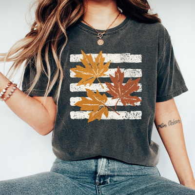 Fall Leaf Stripes Graphic Tee, Autumn Leaves Shirt, Fall Vintage Stripe Comfort Colors Tee