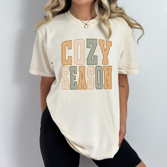 Cozy Season Stripes Graphic Tee, Fall Vibes Shirt, Cozy Autumn Comfort Colors Tee