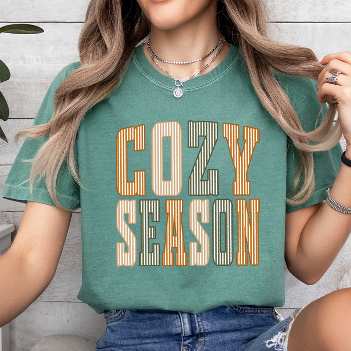Cozy Season Stripes Graphic Tee, Fall Vibes Shirt, Cozy Autumn Comfort Colors Tee