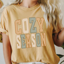 XL Mustard Cozy Season Stripes Graphic Tee, Fall Vibes Shirt, Cozy Autumn Comfort Colors Tee