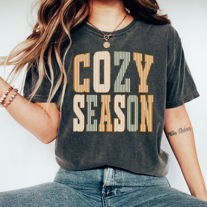 Cozy Season Stripes Graphic Tee, Fall Vibes Shirt, Cozy Autumn Comfort Colors Tee