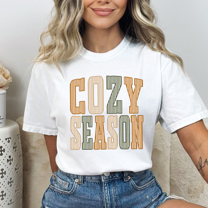 Cozy Season Stripes Graphic Tee, Fall Vibes Shirt, Cozy Autumn Comfort Colors Tee