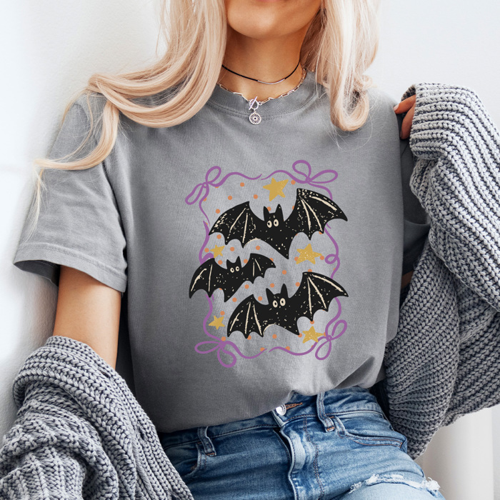 Coquette Bats Graphic Tee, Halloween Night Shirt, Bats And Bows Comfort Colors Tee 