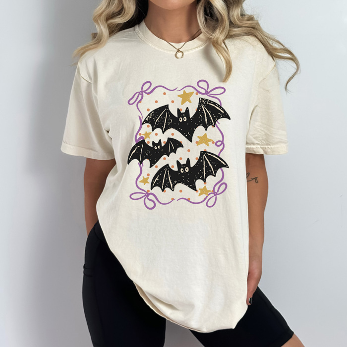 Coquette Bats Graphic Tee, Halloween Night Shirt, Bats And Bows Comfort Colors Tee 