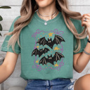 Medium Light Green Coquette Bats Graphic Tee, Halloween Night Shirt, Bats And Bows Comfort Colors Tee 