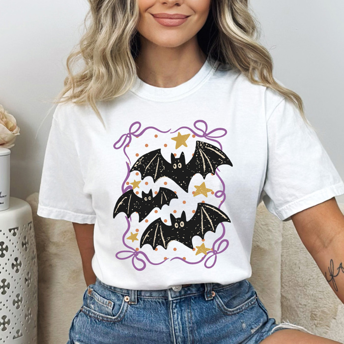 Coquette Bats Graphic Tee, Halloween Night Shirt, Bats And Bows Comfort Colors Tee 