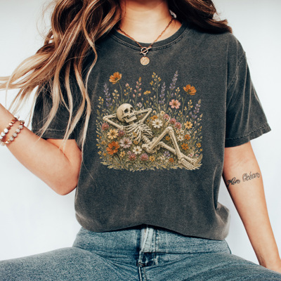 Skeleton Flower Patch Graphic Tee, Halloween Floral Shirt, Spooky Vintage Comfort Colors Tee