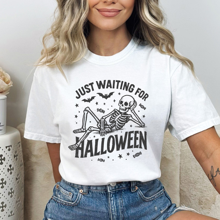 Just Waiting For Halloween Graphic Tee, Halloween Skeleton Shirt, Funny Spooky Season Comfort Colors Tee