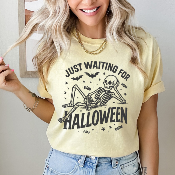 Just Waiting For Halloween Graphic Tee, Halloween Skeleton Shirt, Funny Spooky Season Comfort Colors Tee