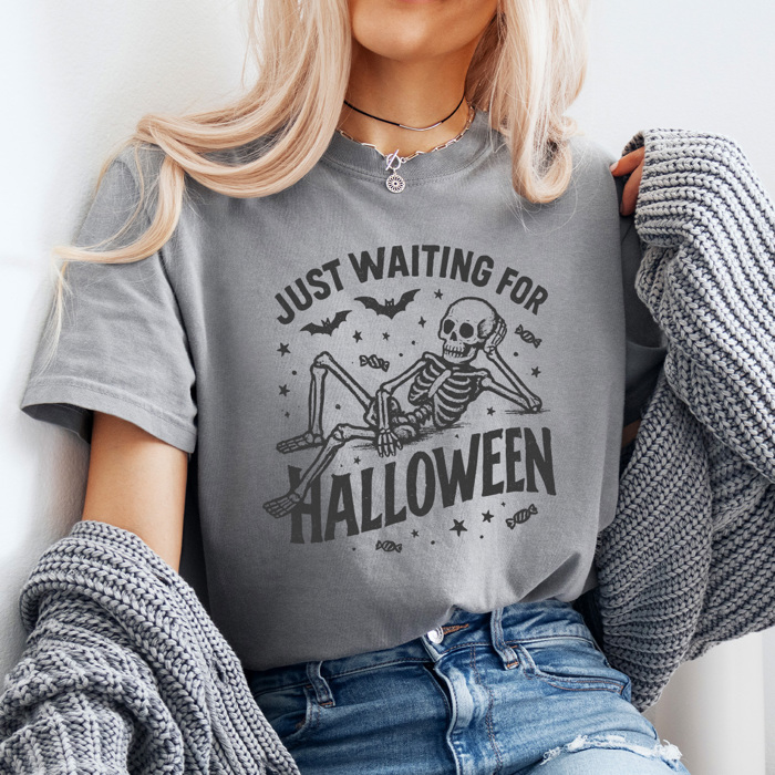 Just Waiting For Halloween Graphic Tee, Halloween Skeleton Shirt, Funny Spooky Season Comfort Colors Tee