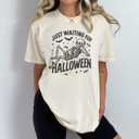 Medium Ivory Just Waiting For Halloween Graphic Tee, Halloween Skeleton Shirt, Funny Spooky Season Comfort Colors Tee