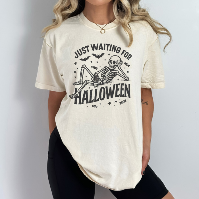 Just Waiting For Halloween Graphic Tee, Halloween Skeleton Shirt, Funny Spooky Season Comfort Colors Tee