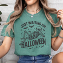 Small Light Green Just Waiting For Halloween Graphic Tee, Halloween Skeleton Shirt, Funny Spooky Season Comfort Colors Tee