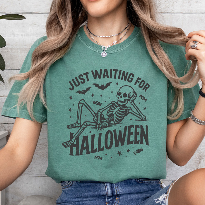 Just Waiting For Halloween Graphic Tee, Halloween Skeleton Shirt, Funny Spooky Season Comfort Colors Tee