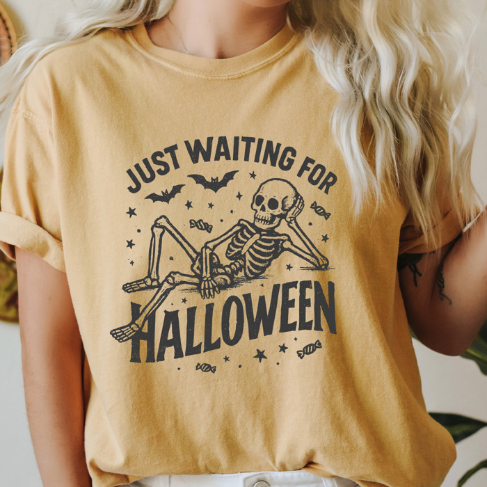 Just Waiting For Halloween Graphic Tee, Halloween Skeleton Shirt, Funny Spooky Season Comfort Colors Tee