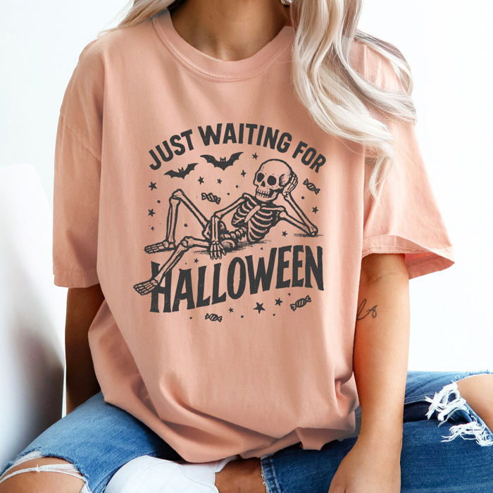 Just Waiting For Halloween Graphic Tee, Halloween Skeleton Shirt, Funny Spooky Season Comfort Colors Tee