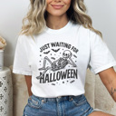 Medium White Just Waiting For Halloween Graphic Tee, Halloween Skeleton Shirt, Funny Spooky Season Comfort Colors Tee