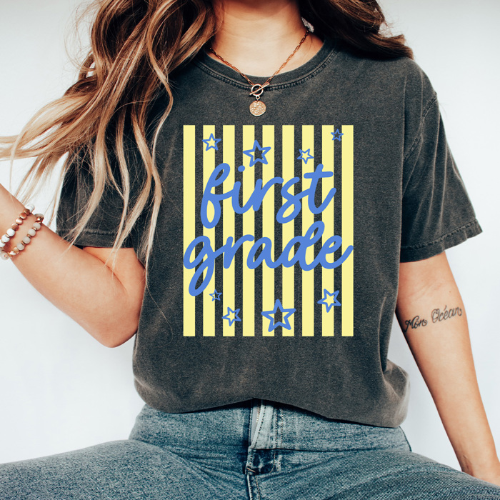 Teacher Grade Striped Graphic Tee, Star Doodle Stripes Shirt, Back To School Grades Comfort Colors Tee