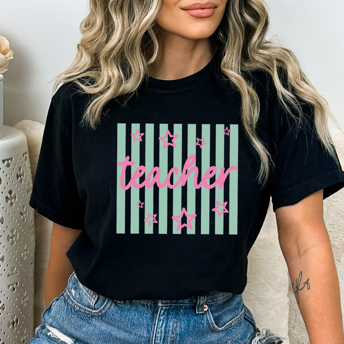 Teacher Grade Striped Graphic Tee, Star Doodle Stripes Shirt, Back To School Grades Comfort Colors Tee