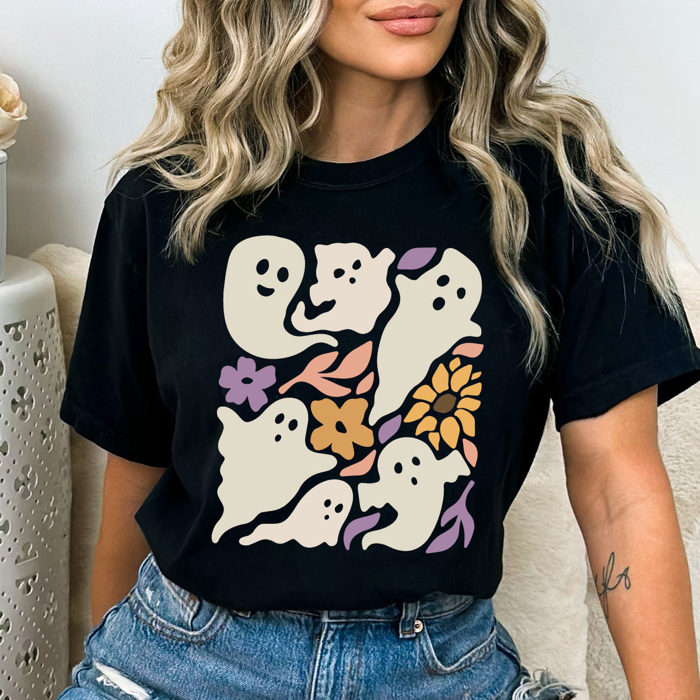 Boho Floral Flying Ghosts Graphic Tee, Fall Flowers Shirt, Halloween Ghost Comfort Colors Tee