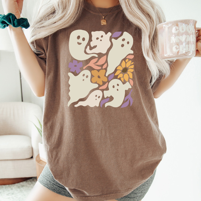 Boho Floral Flying Ghosts Graphic Tee, Fall Flowers Shirt, Halloween Ghost Comfort Colors Tee