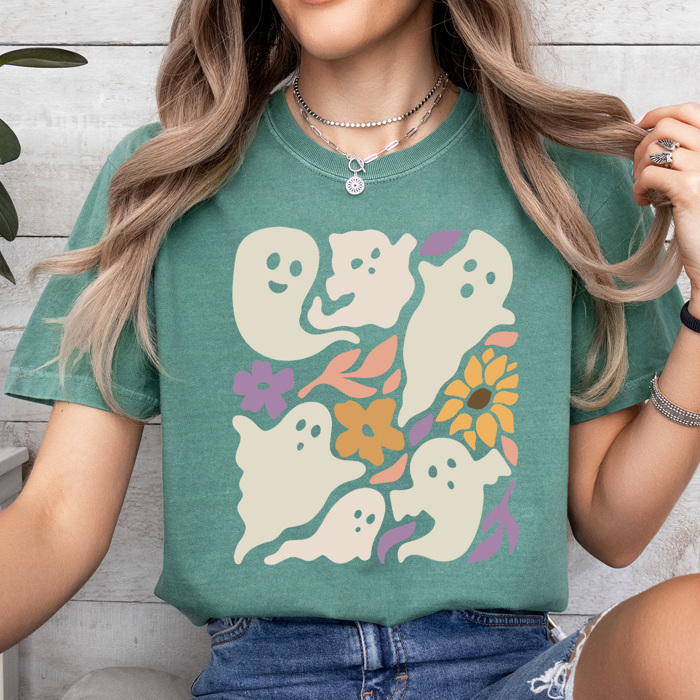 Boho Floral Flying Ghosts Graphic Tee, Fall Flowers Shirt, Halloween Ghost Comfort Colors Tee