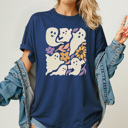 XXL Navy Boho Floral Flying Ghosts Graphic Tee, Fall Flowers Shirt, Halloween Ghost Comfort Colors Tee