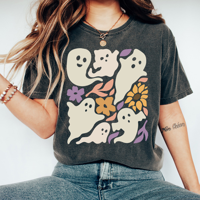Boho Floral Flying Ghosts Graphic Tee, Fall Flowers Shirt, Halloween Ghost Comfort Colors Tee