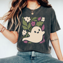  Boho Ghost Floral Graphic Tee, Halloween Floral Shirt, Ghost Fall Comfort Colors Tee