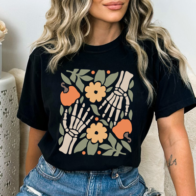  Boho Skeleton Hands Graphic Tee, Fall Pumpkins Shirt, Halloween Skeleton Comfort Colors Tee 