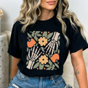 XXL Black  Boho Skeleton Hands Graphic Tee, Fall Pumpkins Shirt, Halloween Skeleton Comfort Colors Tee 