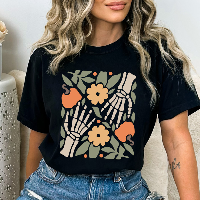  Boho Skeleton Hands Graphic Tee, Fall Pumpkins Shirt, Halloween Skeleton Comfort Colors Tee 